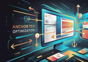 Diagram of anchor text optimization, featuring keyword links, backlinks, and search engine elements for SEO success.